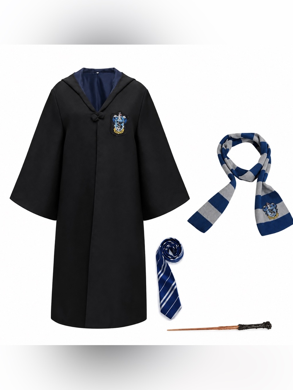 Ravenclaw Wizards Costume Adult Size XL Cloak Scarf Tie Wand Halloween Cosplay